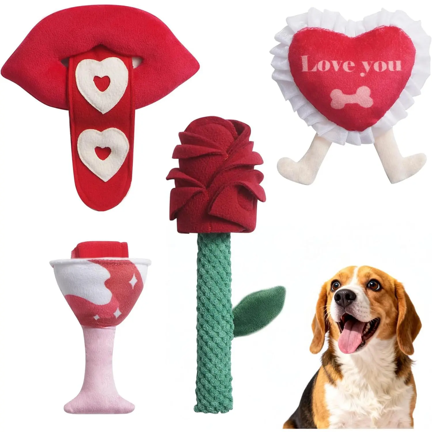 Nocciola Dog Valentines Toys, 4 PCS Squeaky Crinkle Plush Dog Toy Set with Rose, Heart, Lips and Wine Glass, Treat Hiding Interactive Gift for Small Medium Large Dogs