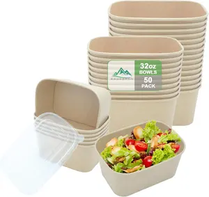 50 Pack 32 OZ Large Paper Bowls with Lids, Heavy Duty Disposable Compostable Container for Party, Disposable Bowls Bulk Soak-Proof and Microwave Safe for Hot/Cold Use Kaderron