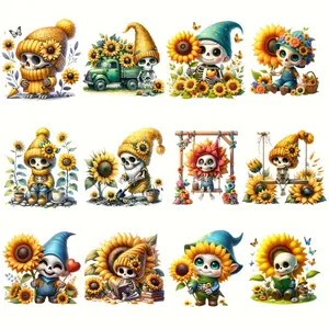 12 Sunflower Skeleton Series DIY Heat Transfer Stickers, Diy flower decor, suitable for clothing, backpacks, hats, and pillows, these skeleton-themed heat transfer stickers are easy to iron on and washable, perfect for creating a casual style
