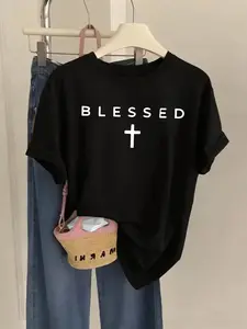 Women's Crew Neck Short Sleeve T-Shirt with BLESSED Cross Faith Themed Graphic Print Available in 3 Colors Loose and Slimming Fit Soft Breathable Skin Friendly Fabric for Spring Summer Commute Travel Daily Wear and Casual Outings Womenswear