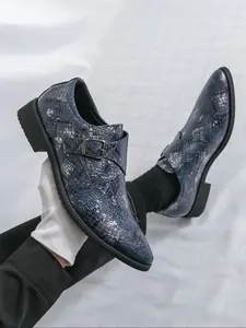 Men's Snake Print Business Formal Shoes, Pointed Toe Low Heel Comfortable Fashion Buckle Design, Stylish Office Footwear for Men Classic Pointed Toe