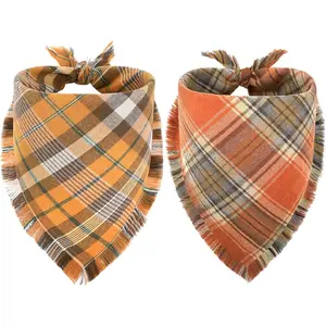 Halloween  Bandanas, 2 Pack Thanksgiving Fall Classic Plaid  Scarf with Tassels Edges, Funny Pet Apparel & Accessories Costume for Photo Prop, and Party Decor (X-Large, Yellow&Orange)