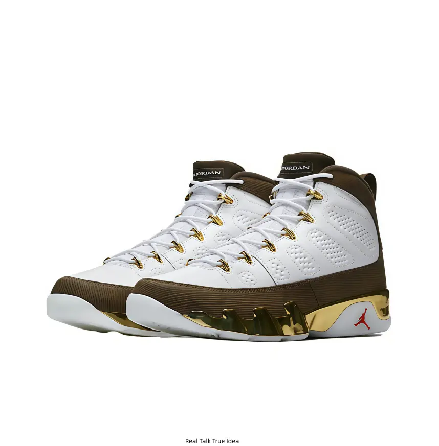 White‑Brown‑Gold Retro High‑Top Basketball Sneakers, Breathable Perforated White Upper, Brown Suede‑Like Overlays, Gold Metal Eyelets, Shiny Gold‑Tone Outsole Accent, Red Jumpman Logo, Heel Pull Tab, Vintage Street‑Style Athletic Shoes for Men Women