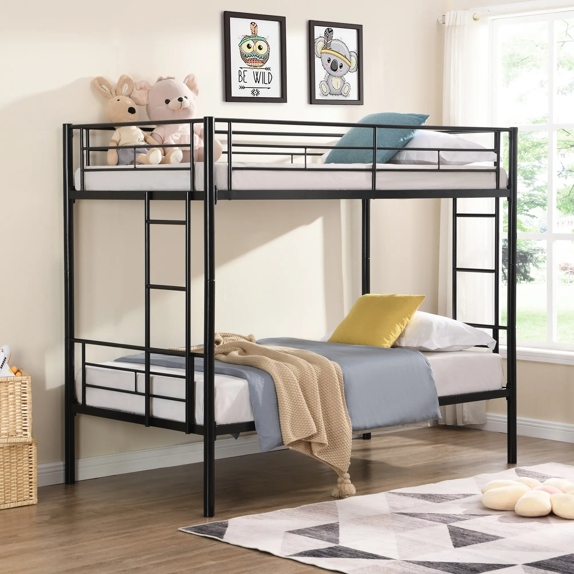 Twin Over Twin Bunk Bed Frame with Ladder and Safety Guardrail, Heavy Duty Metal Bunkbeds, Convertible Metal Bunk Beds Twin, Space Saving, No Box Spring, Black/White/Pink/Silver