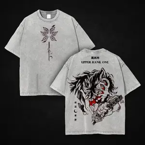 Kokushibo Tee - Demon Slayer Vintage Washed T-Shirt, Upper Moon One Graphic Print, Oversized Heavyweight Cotton, Unisex Streetwear Anime Tee, Samurai Aesthetic, Gift for Kimetsu no Yaiba Fans, graphic shirt GR7