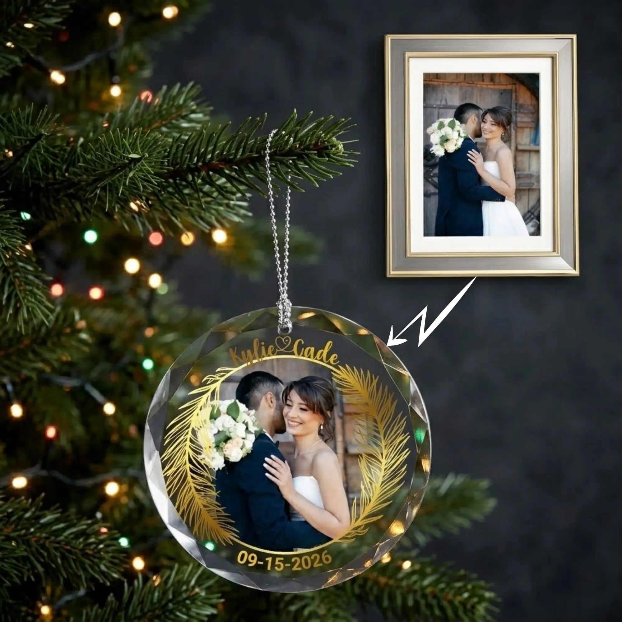 Personalized Glass Christmas Ornament | Custom Photo Ornament with Names & Date | UV Printed Wedding Keepsake Christmas Tree Decoration Gift