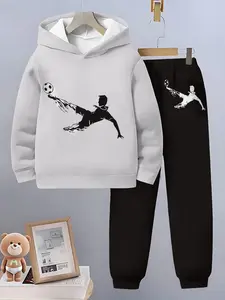 3D Football Print Kids Hoodie Set, Boys' Sporty Street Style Two-Piece, Casual All-Over Print Long Sleeve Sweapants