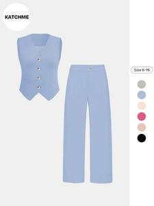 women's 2 piece set solid color button vest set, v neck fake pocket top & trousers for summer, fashion bussiness outfits for working, womenswear going out outfits, going out sets, suits, workwear, womenswear