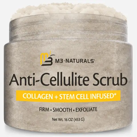M3 Naturals Anti-Cellulite Body Scrub Exfoliator - 16oz Body Care Cleanser, Collagen-Rich Stem Cell Plant Cosmetic with Cocos Nucifeta (Coconut) Oil, Jojoba Oil, Almond, Salt-Action Cellulite Removal Scrub for Skin Tightening, Firming, Moisturizing