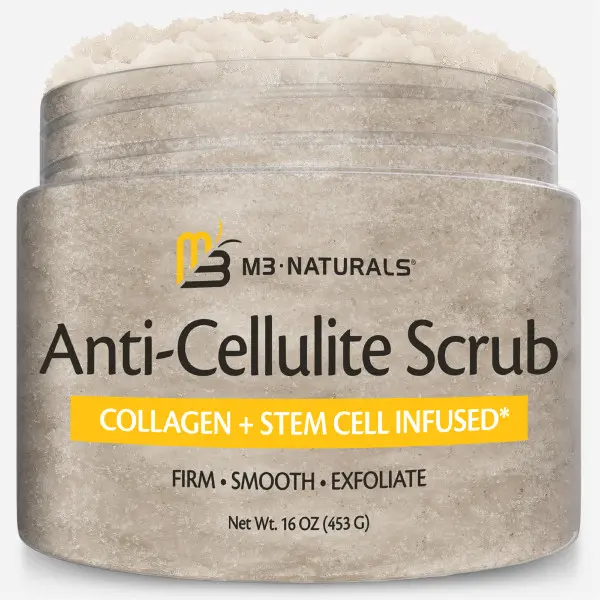 M3 Naturals Anti-Cellulite Body Scrub Exfoliator - 16oz Single Item Plant Cosmetic, Collagen-Rich with Stem Cells, Coconut & Almond Body Scrubs, Coconut Oil, Jojoba Oil for Cellulite Reduction, Skin Tightening, Firming, Moisturizing Legs, Glutes