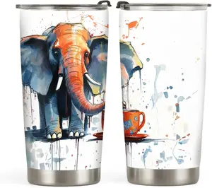 20oz Elephant Gifts for Elephant Lovers, Elephant Coffee Cup, Retro Vintage Coffee Lover Elephant Tumbler Cup, Stainless Steel Coffee Thermos Insulated Travel Mug with Lid - H