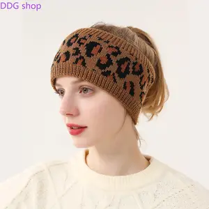 Women's Leopard Print Knitted Elastic Headband - Warm Velvet Hair Accessory for Autumn Winter Fashion Sports Use, Elastic Headbands