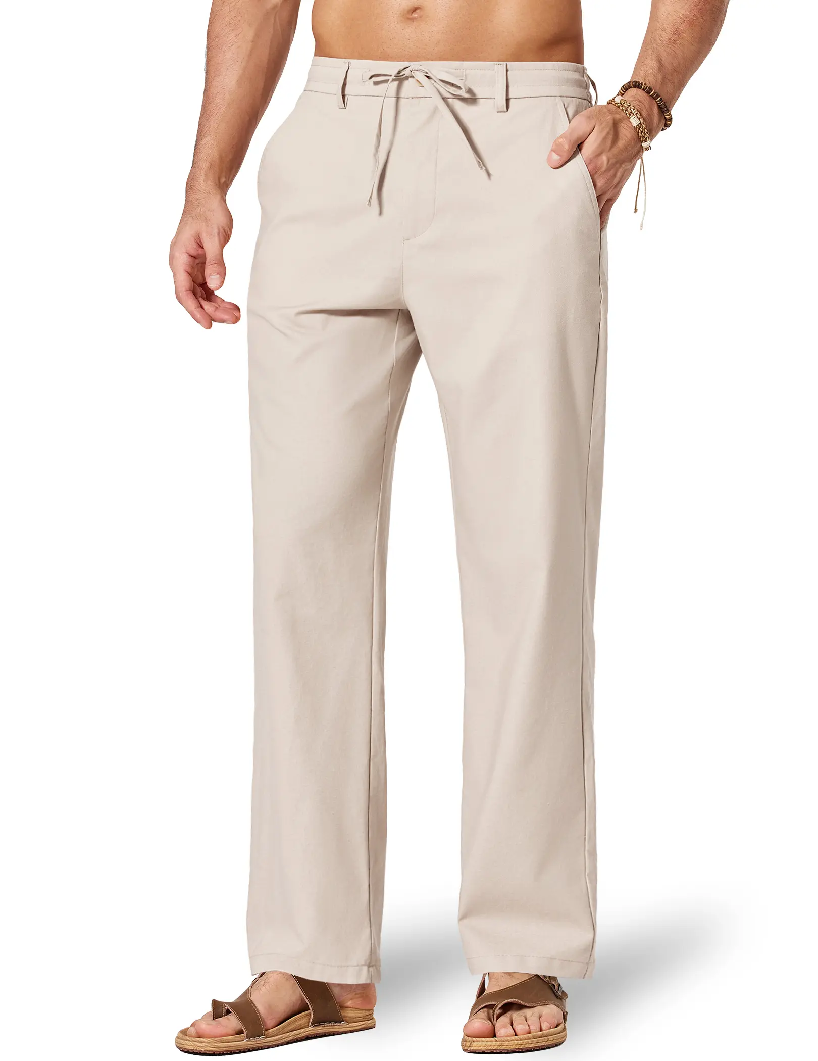 COOFANDY Men's Cotton Linen Pants Casual Drawstring Dress Pants Beach Summer Lightweight Trousers