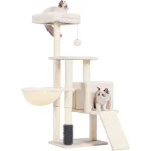 Heybly Cat Tree with Cat Self Groomer Brush, Cat Tower Condo for Indoor Cats with Padded Plush Perch, Cat House with Basket Scratching Board Post, Beige HCT005SM