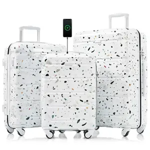 Starry Sky White 3-Piece Luggage Set 20-inch with USB Port ABS+PC Hard Shell Carry-on Luggage Lightweight Durable Spinner Wheels Travel Bag Hardshell Suitcase