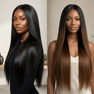 RAW VIETNAMESE HAIR 13X4 HD LACE WIGS Human Hair Bone Straight Wig Natural Black & Ombre Brown 200% Density Super Double Drawn High Quality