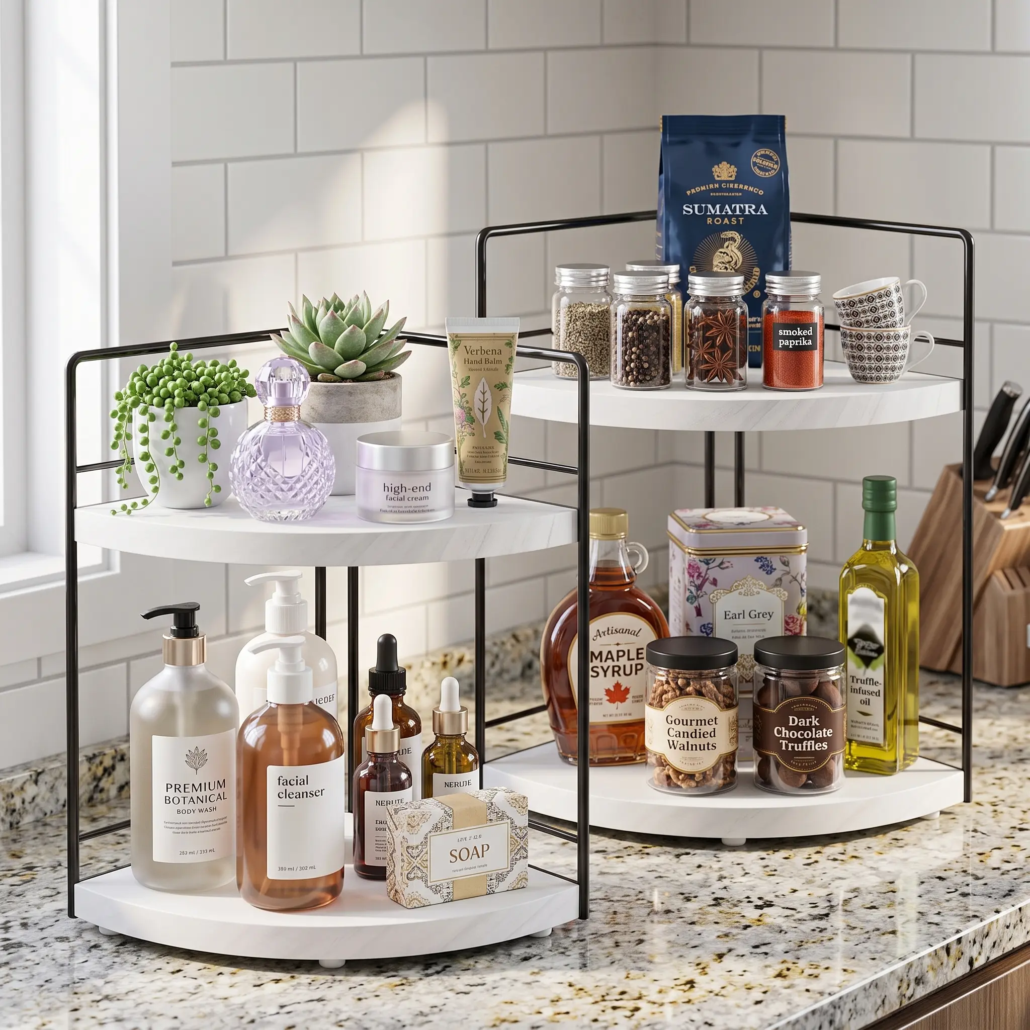 2 Pack 2 Tier Bathroom Corner Organizer Shelf Wood and Metal Countertop Storage Rack