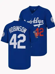 Jackie Robinson #42 Retro Baseball Jersey – Blue & White Men’s Button Down Shirt, Embroidered Vintage Style, Casual Loose Fit Sports Top