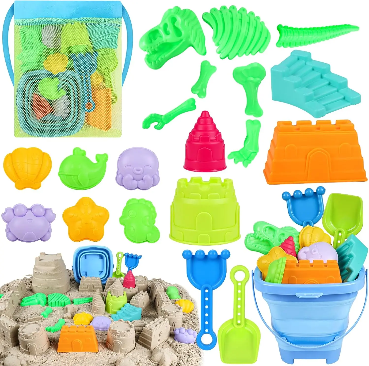 Summer Spring Gift Beach Toys, Dinosaur Sand Toys for Kids Toddlers with Collapsible Bucket, Sand Castle Building Kit, Mesh Storage Bag & Shovel Rake, Travel Summer Toys for Boys Girls Ages 3-10