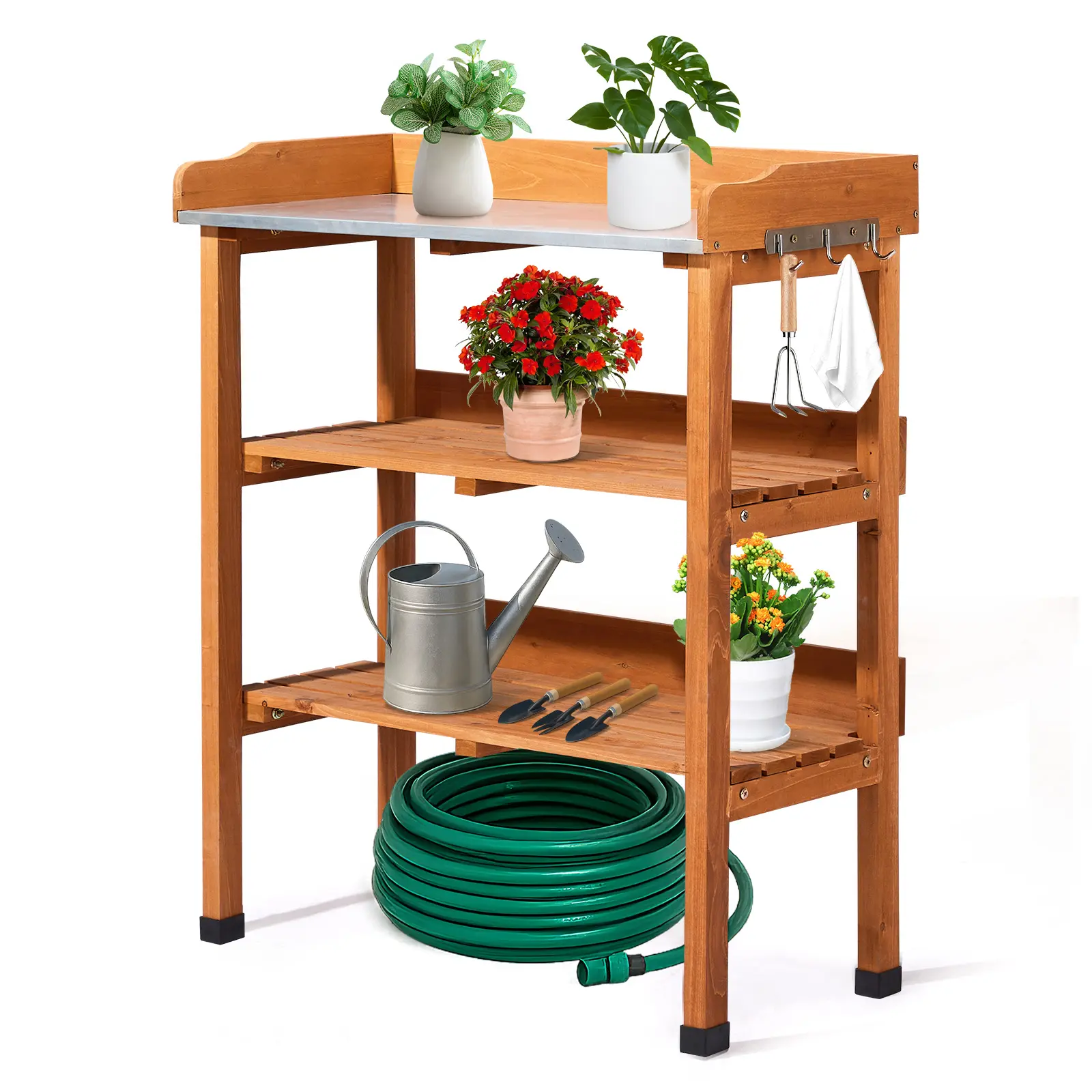 Outdoor Garden Potting Bench Table, Wooden Horticulture Planting Worstation with Metal Tabletop, 2 Storage Shelves, 3 Hooks, Natural Wood