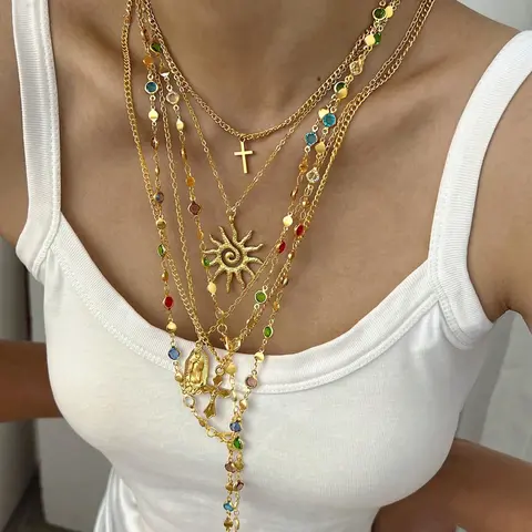 Vintage Fashion Hip Hop Rhinestone Necklace Set, Colorful Pendant Cross Flower Heart Dangle Bling Chain, Chain Jewelry, Women's Party Jewelry, Dainty Layering Jewelry, Cross Chain Design, Fashion Chain Decorated