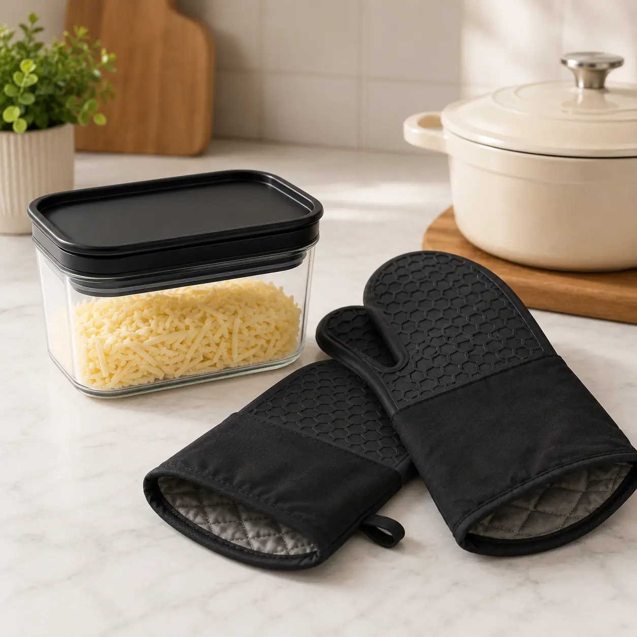 3-in-1 Glass Cheese Grater Storage Container + 1 Pair Honeycomb Silicone Oven Mitts, Multi-Functional Kitchen Prep & Heat Resistant Baking Accessory Set