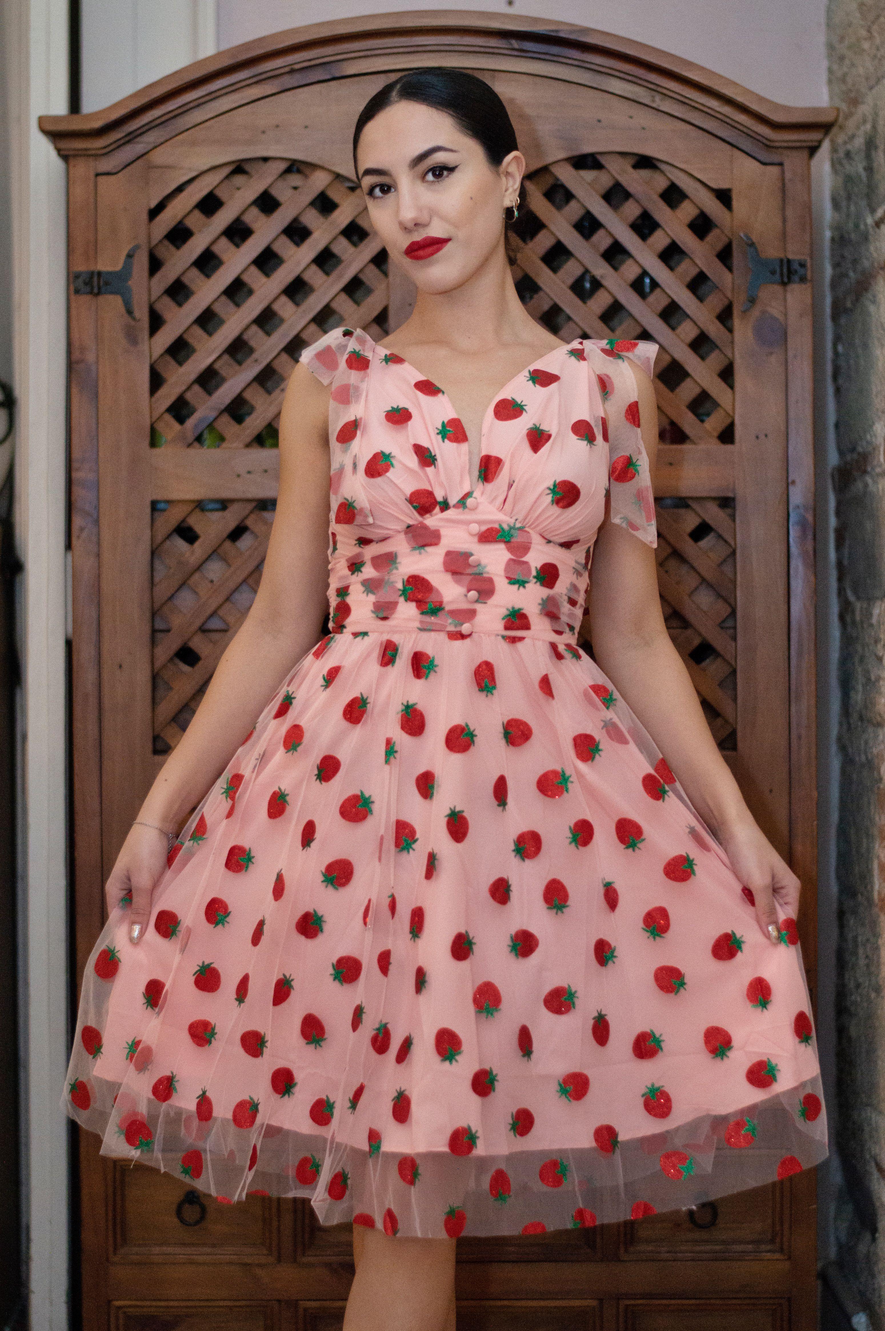 PINK 1950S STRAWBERRY MESH SWING DRESS Casual Elegant Classy Casual Breathable Outfits