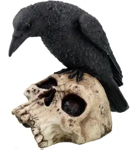 5 Inch Halloween Black Raven on Skeleton Skull Statue Figurine