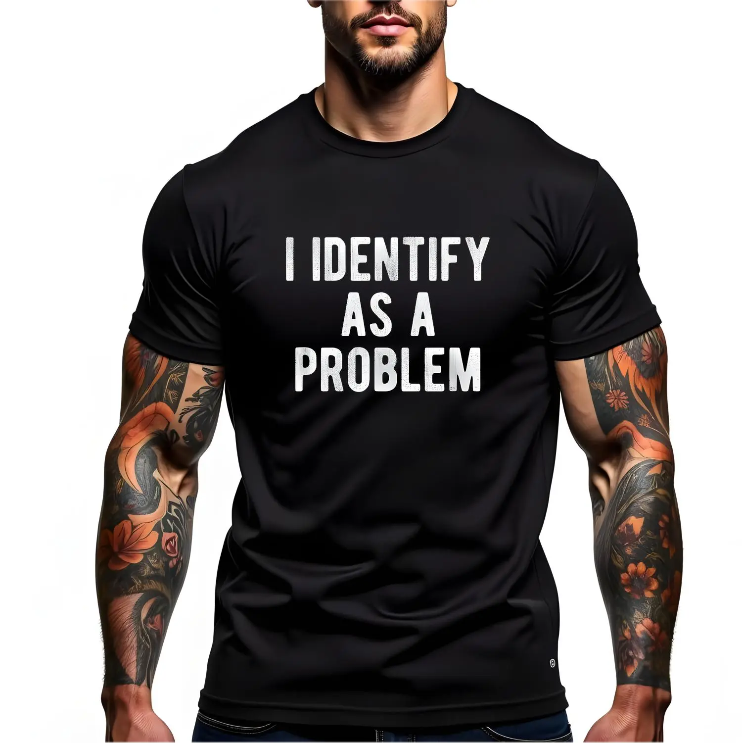 Men's Funny "I Identify As A Problem" Graphic T-Shirt - Menswear, Minimal Preppy, All Seasons, Premium Heavyweight 100% Cotton, Cheeky Quote Print, Body-Fitting Cut, Short-Sleeve Crew Neck, Vibrant Slogan, Casual Tops
