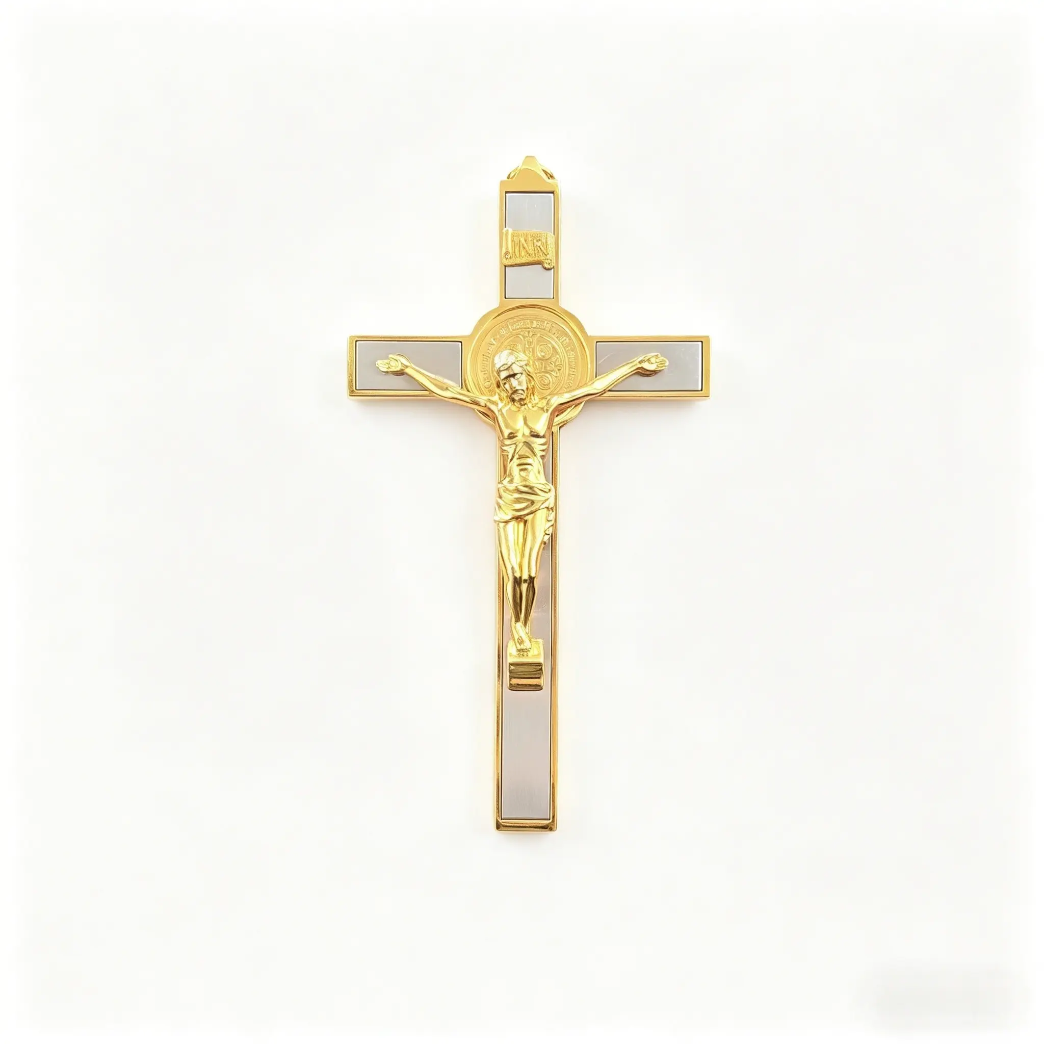 6.89 inch St. Benedict Crucifix Wall Cross, Two-Tone Gold Silver Plated Zinc Alloy Catholic Jesus Cross with Protection Medal & INRI Sign, for Christians & Catholics, Home Altar Prayer Decor, Religious Decorations, Spiritual Gift