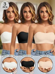 3-Pack Strapless Front Buckle Bras, Full Support Non-Slip Bandeau, Ultimate Comfort, Push-Up Design, Convertible Bandeau, All Seasons, Basic