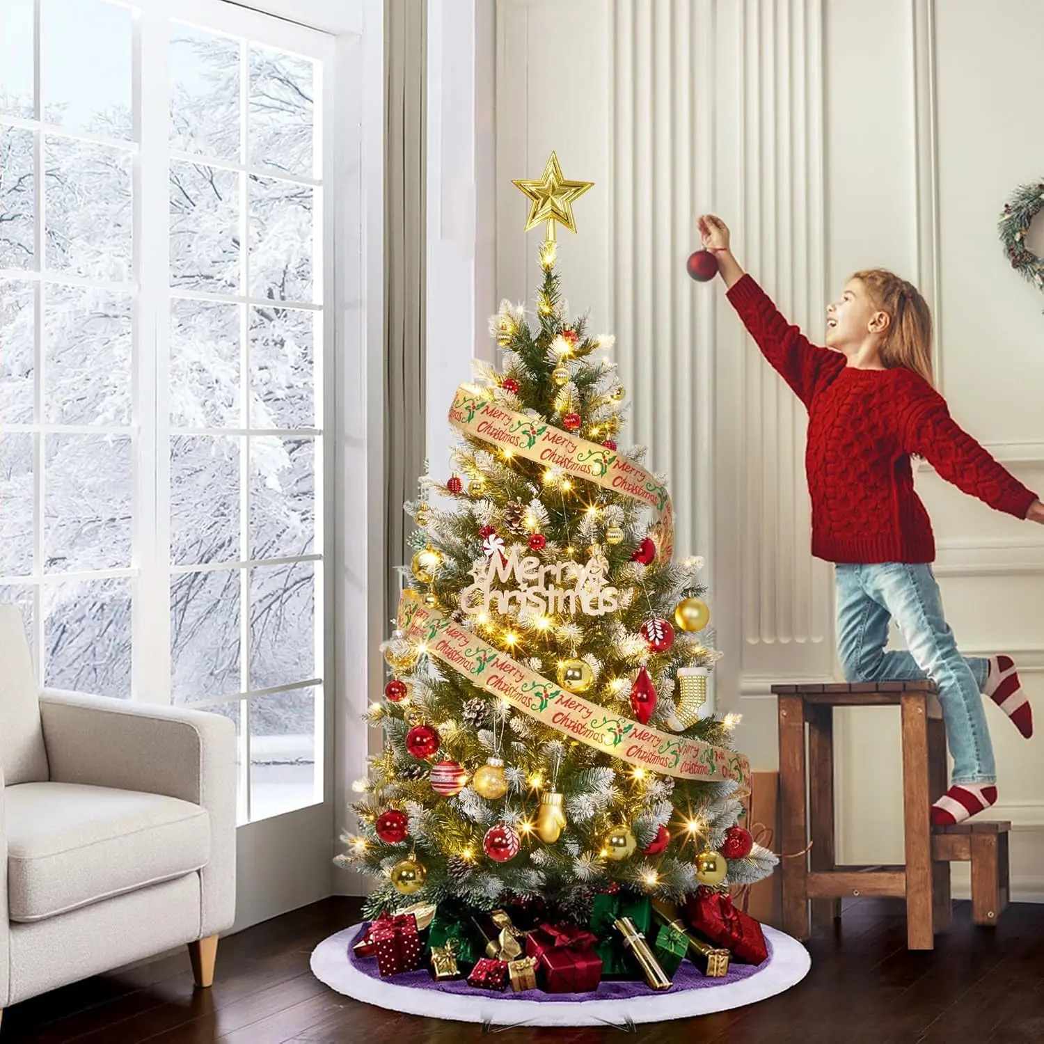 6ft Tall Slim Prelit Classic Artificial Christmas Tree with Round Waterproof Metal Stand - Warm White LED Fairy Lights, Flocked Spray Design, Realistic Pine Branches, Ornament-Ready, Energy Efficient, Space Saving Holiday Decoration for Indoor Room Decor