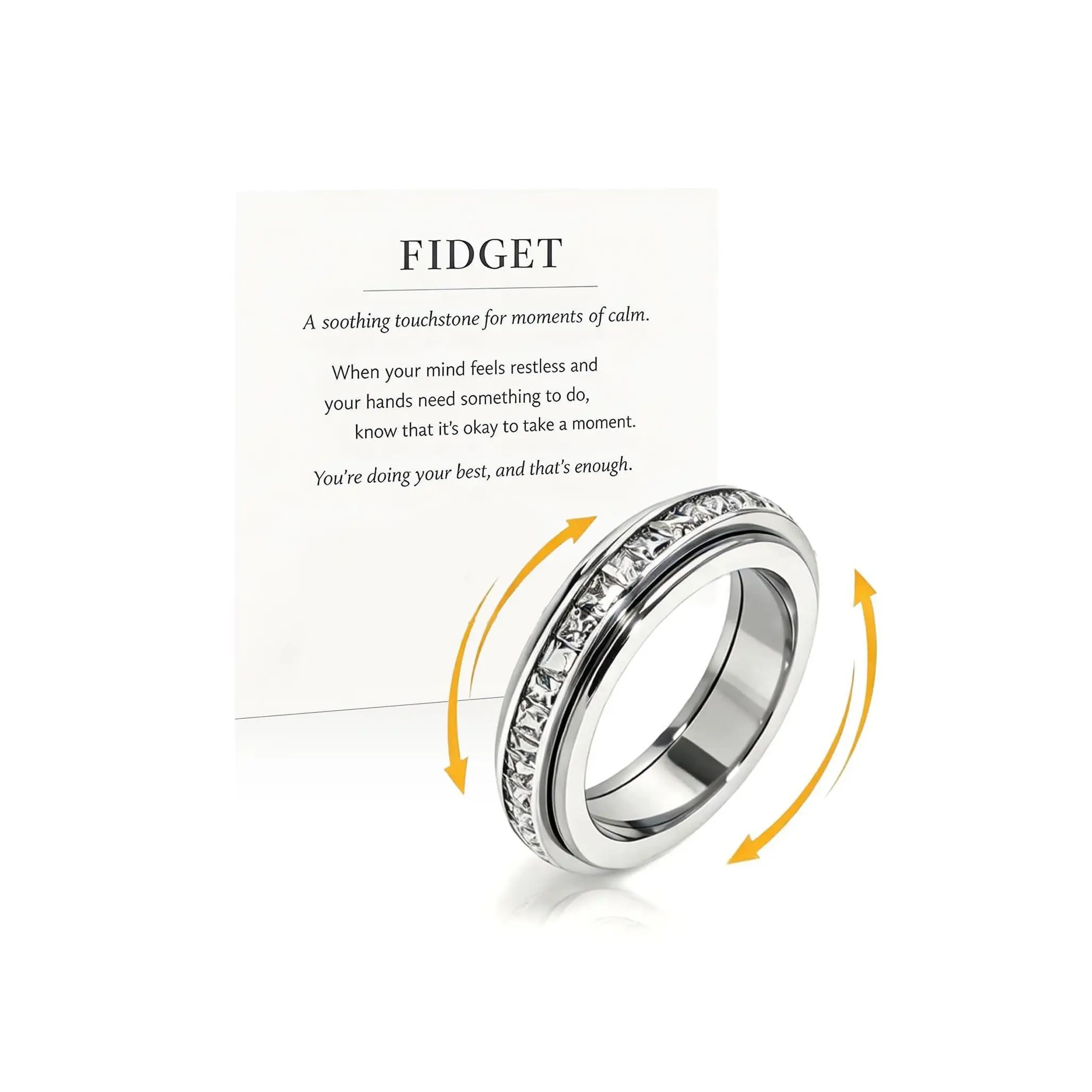 Unisex Gold and Silver 2-Tone Titanium Stainless Steel Rotatable Spinner Fidget Ring + Necklace Set, Cubic Zirconia, Water Ripple Design, Comfort Fit, Anxiety Relief, Sizes 6-10, Business Casual Outfits Daily Wear Wedding Promise Gift