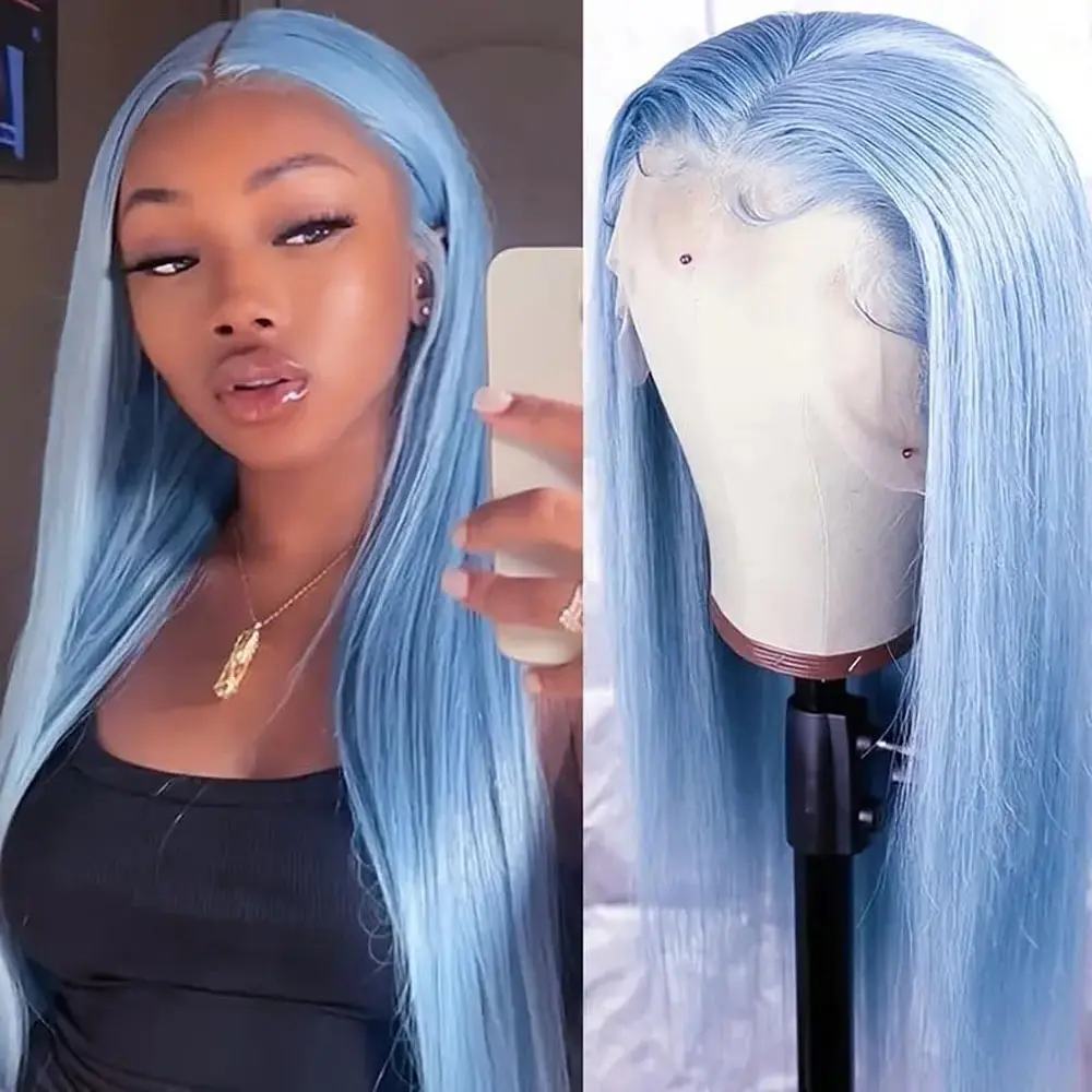 24 Inch 13x4 Sky Blue Lace Front Wig – Glueless Free Part, Heat-Resistant Synthetic Straight Hair, Pre-Bleached Knots with Natural Hairline, Breathable Adjustable Cap for All-Day Comfort, Ideal for Cosplay, Daily Wear, and Themed Events