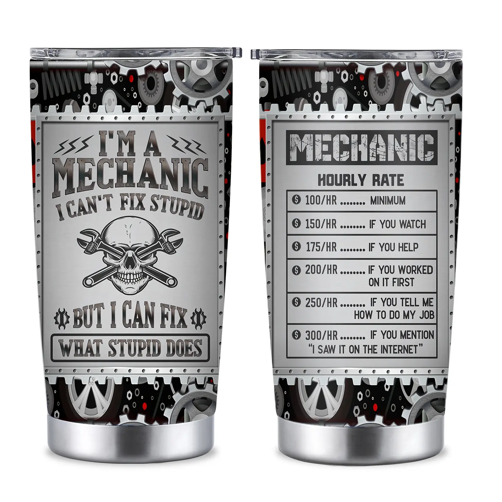 "Printed 'I'm a Mechanic' Leak-Proof Stainless Steel Insulated Flask Water Bottle - 500-1000ml Toolbox Look Steel-Plastic Design, Straw, Cleaning Brush, Funny Hourly Rate Chart, Ideal Valentine's Day Gift for Men"