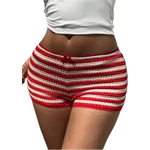 Women's Y2k Striped Crochet Micro Mini Shorts Low Waist Knit Lounge Shorts Loungewear