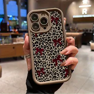 [Red Bow Phone Case] Leopard Print Red Bow  Anti-Drop Soft Case, Minimalist High-End Air Cushion Suitable for iPhone 17 E Air Pro ProMax iPhone16 15 14 Plus 13 12 Mini 11 X XS XR,  Couple'S  New Style, Anti-Drop, Matte, Unisex, Full Coverage, Soft Case