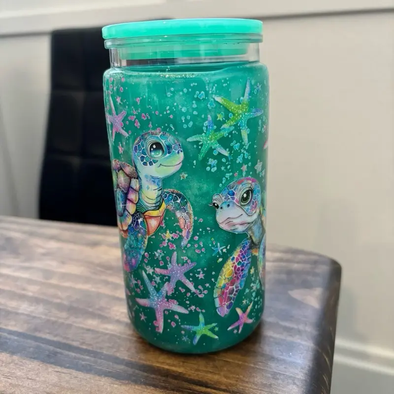 16oz Sea Turtle Snow Globe Tumbler | Ocean Glitter Cup | Coastal Beach Drinkware | Sea Life