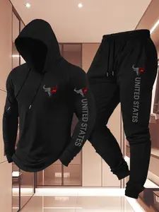 Men's Graphic Hoodie Set with Drawstring, Long Sleeve Fitted Casual Suit, Spring & Fall Sportswear, United States Print, 2-Piece#MensTracksuit #BullPrintSet #HoodieSet #AthleticWear #TikTokFashion #USInspiredStyle #GymOutfit #EverydayCasual
