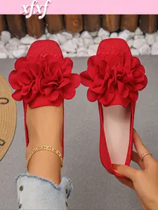 Women's Square Toe Vintage Casual Trendy Flat Classic Slip On Knit Shoes with Two Floral Bunches, Perfect for Daily Wear and Vacation