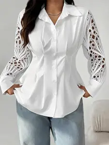 Elegant Women's Collared Button Front Shirt Blouse, Slim Waist Design, Fit, Contrast Lace Detail, Long Sleeve Casual Top, Spring & Fall Fashion