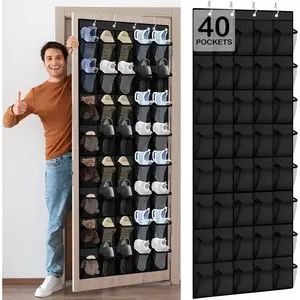 Over the Door Shoe Organizer - 40 Large Breathable Mesh Pockets, Space Saving  Shoe Organizer with Metal Hooks,  Shoe Rack for Men's and Women's Shoes (Black)