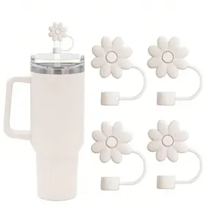 Flower Shaped Straw Lids Fits Tumbler Cup. Glassware Accessory With 4pcs Silicone Straw Cap, Reusable Straw Head Protective Cover For 10mm/0.4 Inches Diameter Drinking Straw, Ivory White Disposable Drinkware Aesthetic