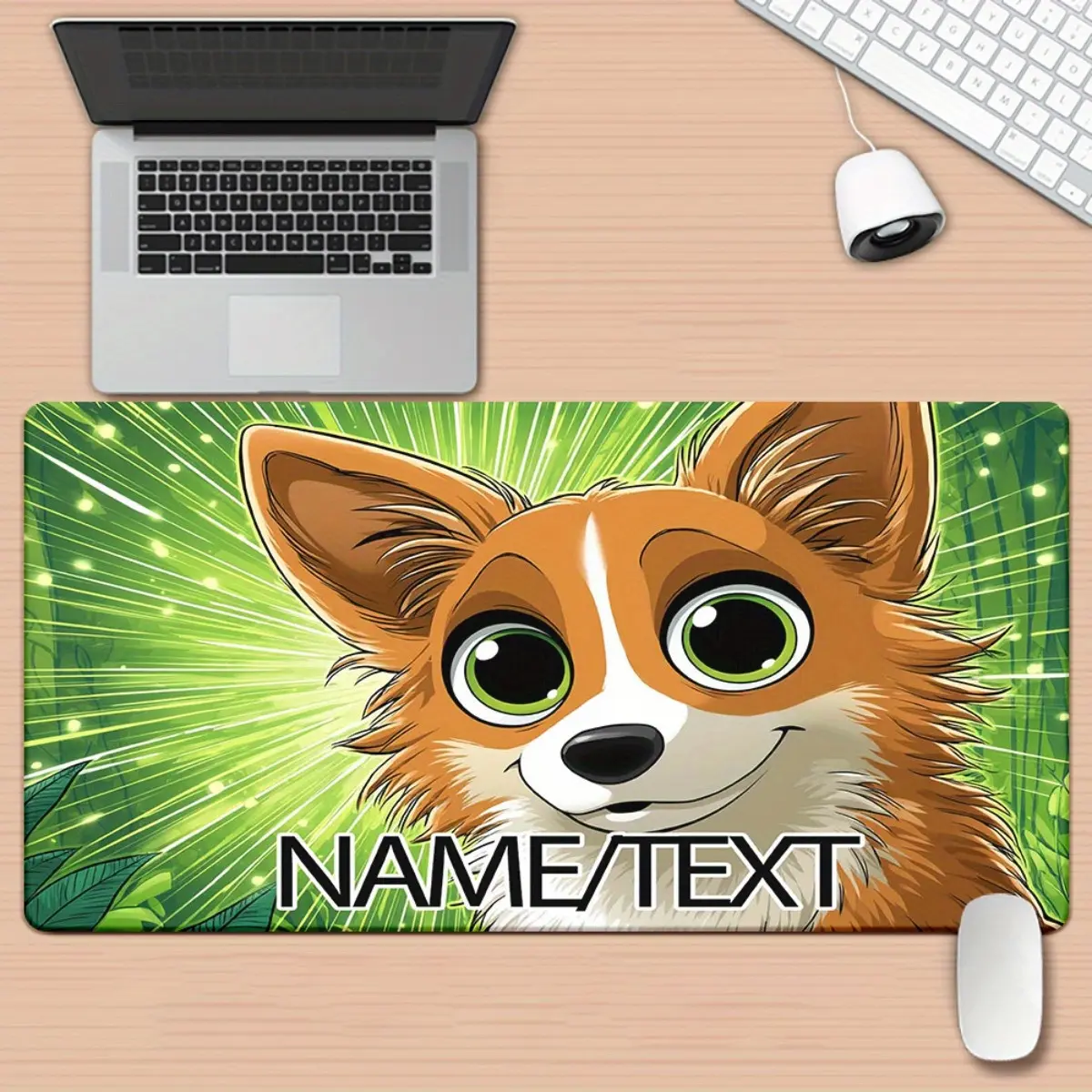 1pc Custom Name Cute Fox Face HD Printed XXL Mousepad - Ergonomic Desk Mat for PC Gamers, Multi-Functional Computer Accessory, Ideal Gift for Family & Friends, Vibrant Green Background with Radiant Halo Effect, Mouse Pads for Desk