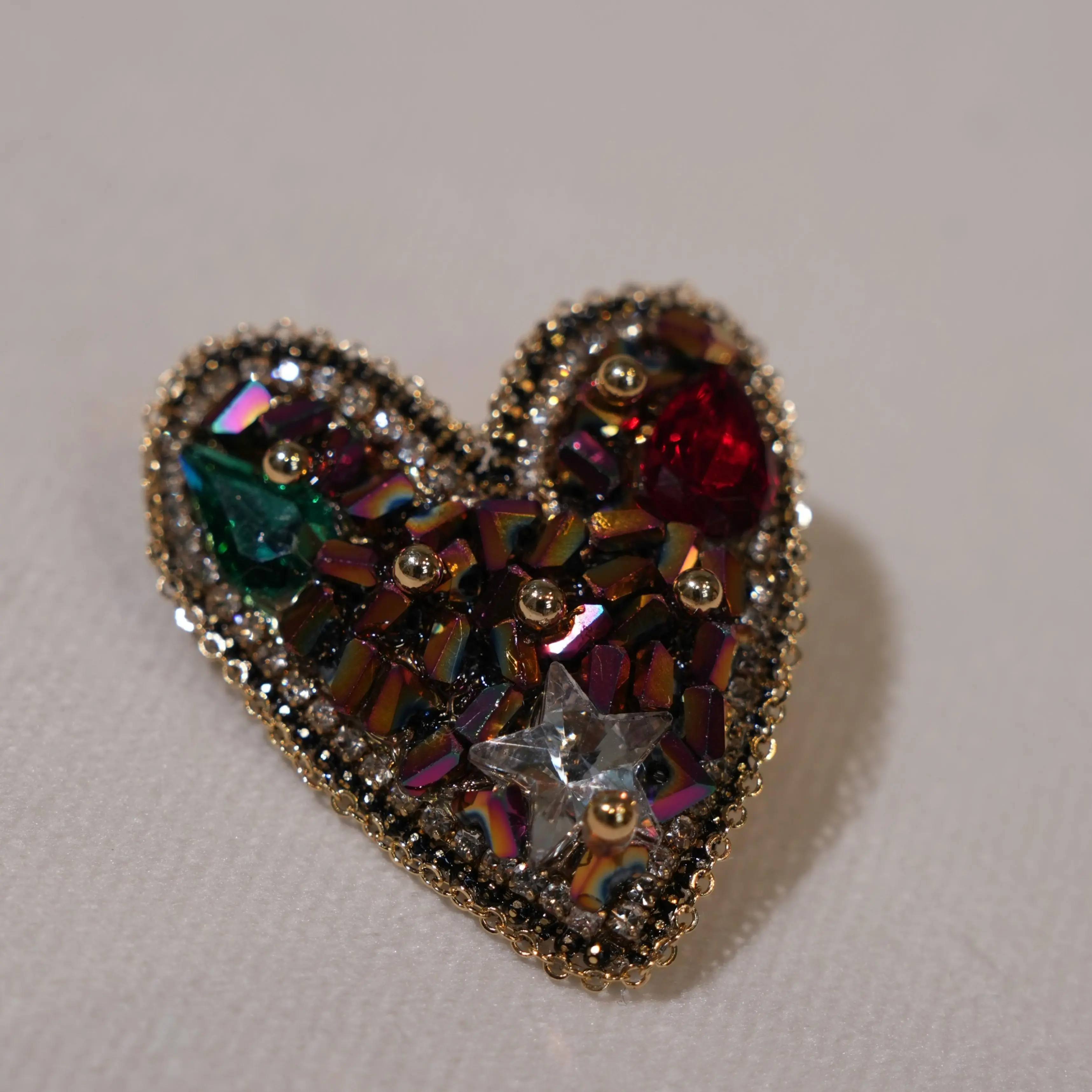 Vintage Iridescent Rhinestone Heart Brooch Red & Green Crystal Heart Lapel Pin