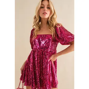 Hot Pink Sequined Babydoll Romper - Women's Dress with Short Sleeves, Comfortable Fit, and Sparkly Design - Womenswear
