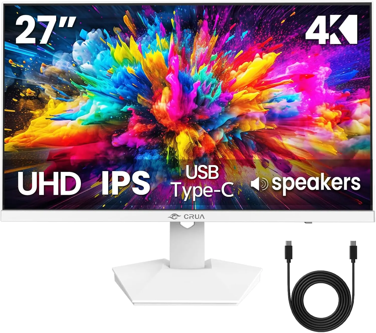 CRUA 27" 4K UHD 60Hz White/ Black IPS Display, 120% sRGB, Type-C, FreeSync, Built-in Speakers, Low Blue Light, HDMI DP, 75x75 VESA Mount for Daily Work & Content Creation