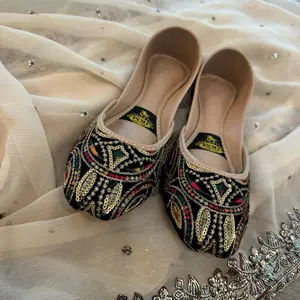 Punjabi Kussa - Traditional Embroidered Shoes for Women, Black with Multi Colored Details, Comfortable and Stylish Design