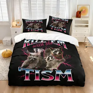 Fun Raccoon Group Themed Duvet Cover And Pillowcase Set, Coreless, Lightning Gradient Retro Font Print, Trendy Street Style For Boys' Bedroom, Rental Home Decoration, Essential Gift For Students