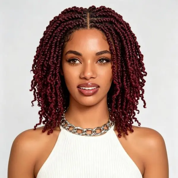 Women's 14 in Synthetic HD Lace Knotless Twist Braid Wig, 9*6 Lace Front Wig with Curly Hair & Baby Hairs, Ombre Black-Burgundy Color, Breathable Cap for Daily Wear